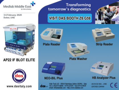 <h5>DAS exhibits at MEDLAB 2020</h5>  <p>Das will be present at <a class="event_href" target="_blank" href="https://www.medlabme.com">MEDLAB</a> from 3rd to 6th of February 2020, Booth Z6.G59, where will be displayed the instrument <a class="event_href" target="_blank" href="http://www.dasitaly.com/NewSite/wordpress/scheda_ap_22_if_blot_elite/">AP22 IF BLOT ELITE</a> and the Stand Alone instruments line </p>